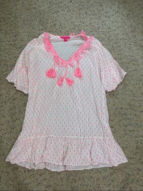 Lilly Pulitzer Kipper Tunic with Neon Pink Tassel Trim